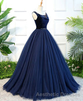 Dark Blue Tulle Long Evening Prom Dresses, Dark Blue Tulle Evening Prom Dresses